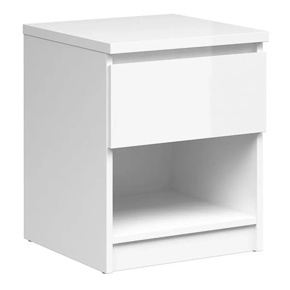 BOXED BROOK BEDSIDE 1 DRAWER 1 SHELF IN WHITE HIGH GLOSS