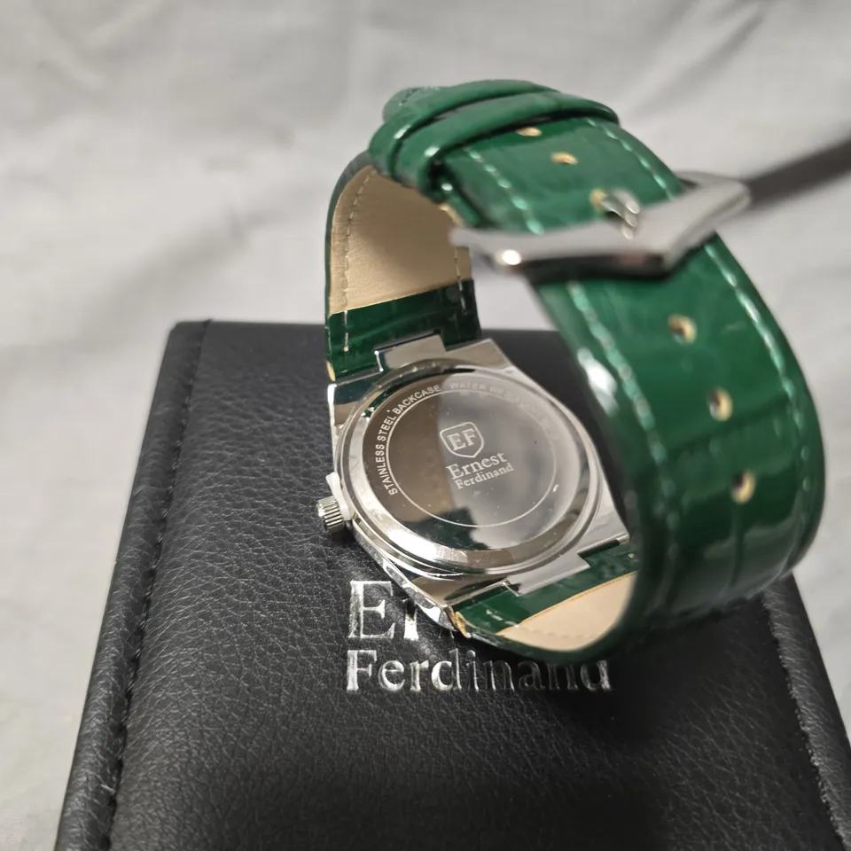 MENS ERNEST FERDINAND WATCH – GREEN DAY DATE CALENDAR DIAL – GREEN LEATHER STRAP – 3ATM WATER RESISTANT - GIFT BOX – EST £250