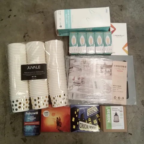 PALLET OF ASSORTED ITEMS INCLUDING JUVALE PAPER CUP, TEETH WHITENING STRIPS, PROTECTIVE MASK, SILICONE YUMMY POUCH, LED FILAMENT BULB, MUSIC ALBUMS