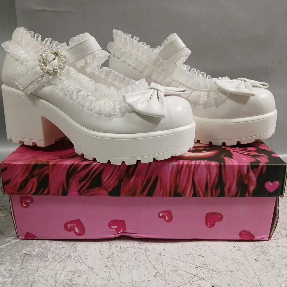BOXED PAIR OF KOI TIRA RUFFLE MARY JANES PORCELAIN DELIGHTS EDITION IN WHITE SIZE UK 5