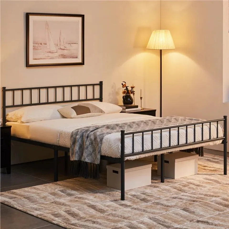 BOXED MINIMALIST METAL BED FRAME WITH SLATTED HEADBOARD - BLACK // SIZE: 135cm (1 BOX)