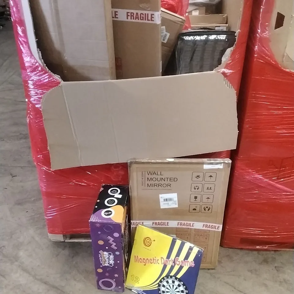 A PALLET CONTAINING ASSORTED HOUSEHOLD GOODS AND PRODUCTS TO INCLUDE;WALL MOUNTED MIRROR, SCOOTER, DART GAME,BOXED FURNITURE ETC