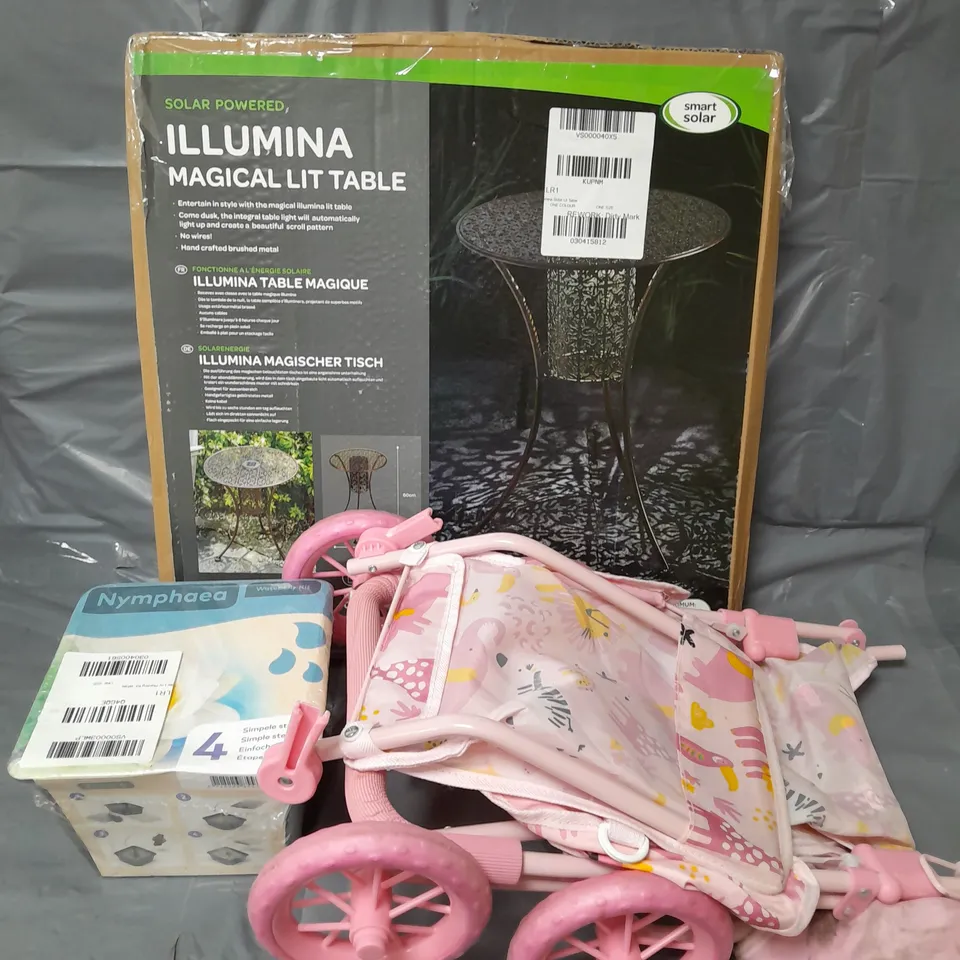 APPROXIMATELY 5 HOUSEHOLD ITEMS TO INCLUDE TOY PRAM, FLOWER PLANTING KIT AND A TABLE