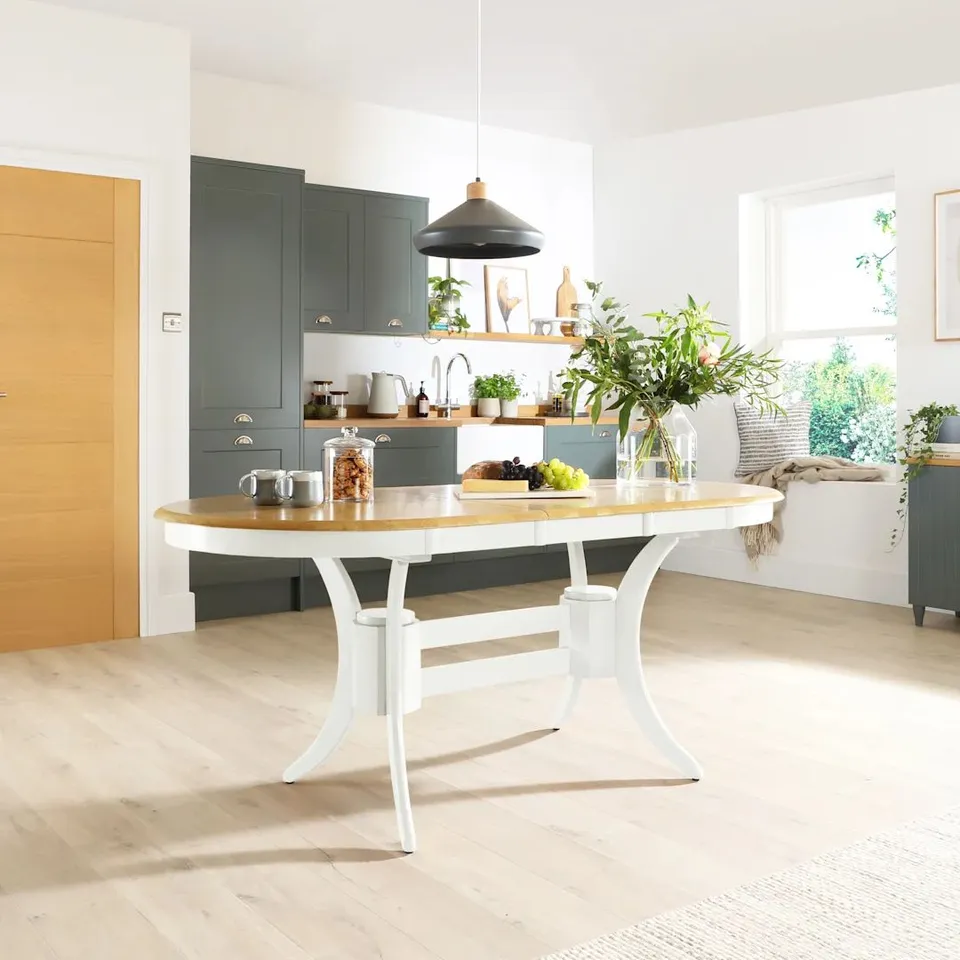BOXED TOWNHOUSE OVAL EXTENDING DINING TABLE 150-180cm, NATURAL OAK FINISH & WHITE SOLID HARDWOOD (2 BOXES)