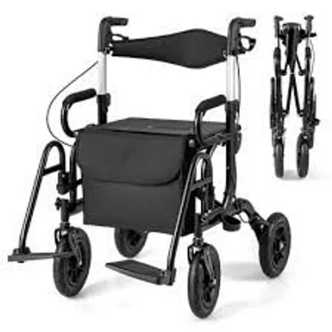 COSTWAY 2-IN-1 FOLDABLE ROLLATOR WALKER WITH SEAT AND PNEUMATIC TIRES FOR ALL TERRAIN-BLACK