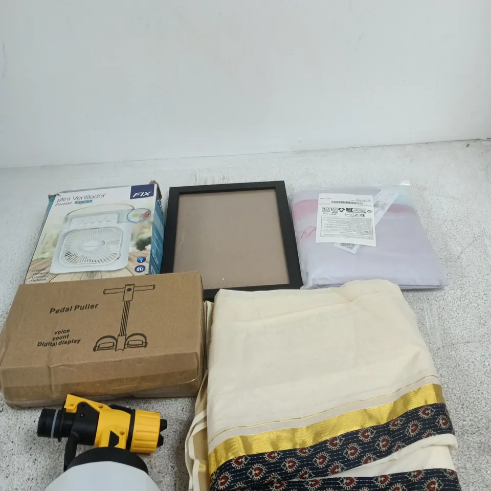 BOX OF APPROXIMATELY 20 ASSORTED ITEMS INCLUDING A PICTURE FRAME, SOME FABRIC AND A PEDAL PULLER