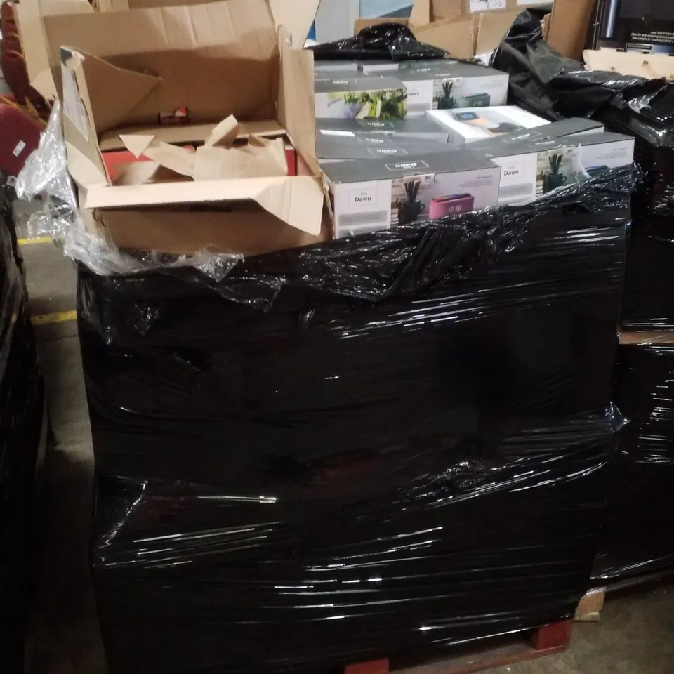 PALLET CONTAINING ASSORTED ELECTRICAL PRODUCTS INCLUDING PAPER THIN INDOOR AERIALS, ALARM CLOCK RADIOS WITH WIRELESS CHARGING & POWERDOME EXTENSION CORDS