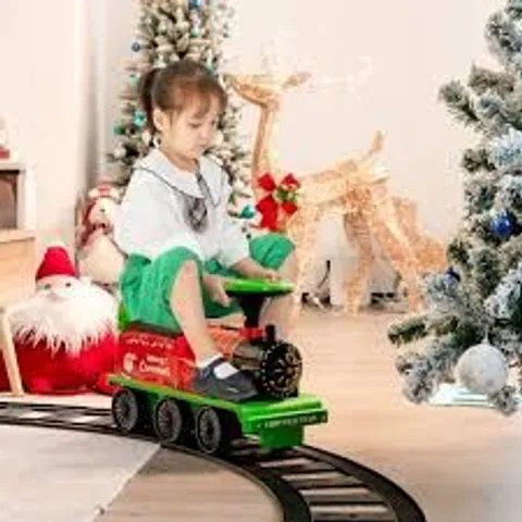 BOXED COSTWAY KIDS ELECTRIC RIDE ON TRAIN WITH TRACKS, STORAGE SEAT, FLASHING LIGHTS & MUSIC, 6V BATTERY POWERED RIDE ON TOY