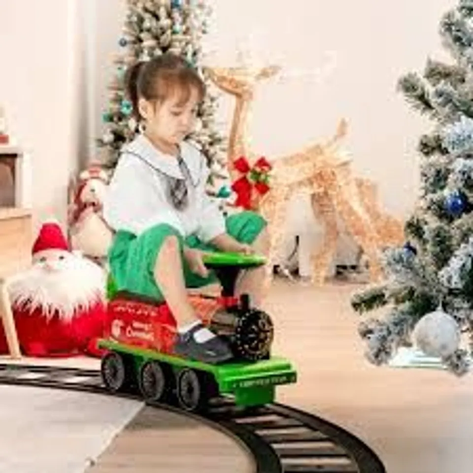 BOXED COSTWAY KIDS ELECTRIC RIDE ON TRAIN WITH TRACKS, STORAGE SEAT, FLASHING LIGHTS & MUSIC, 6V BATTERY POWERED RIDE ON TOY