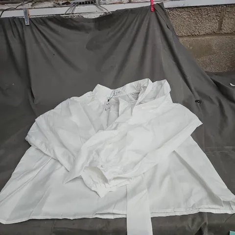 WALLIS W COLLECTION WHITE WOVEN TIE-NECK BALLOON-SLEEVE BLOUSE, UK 16