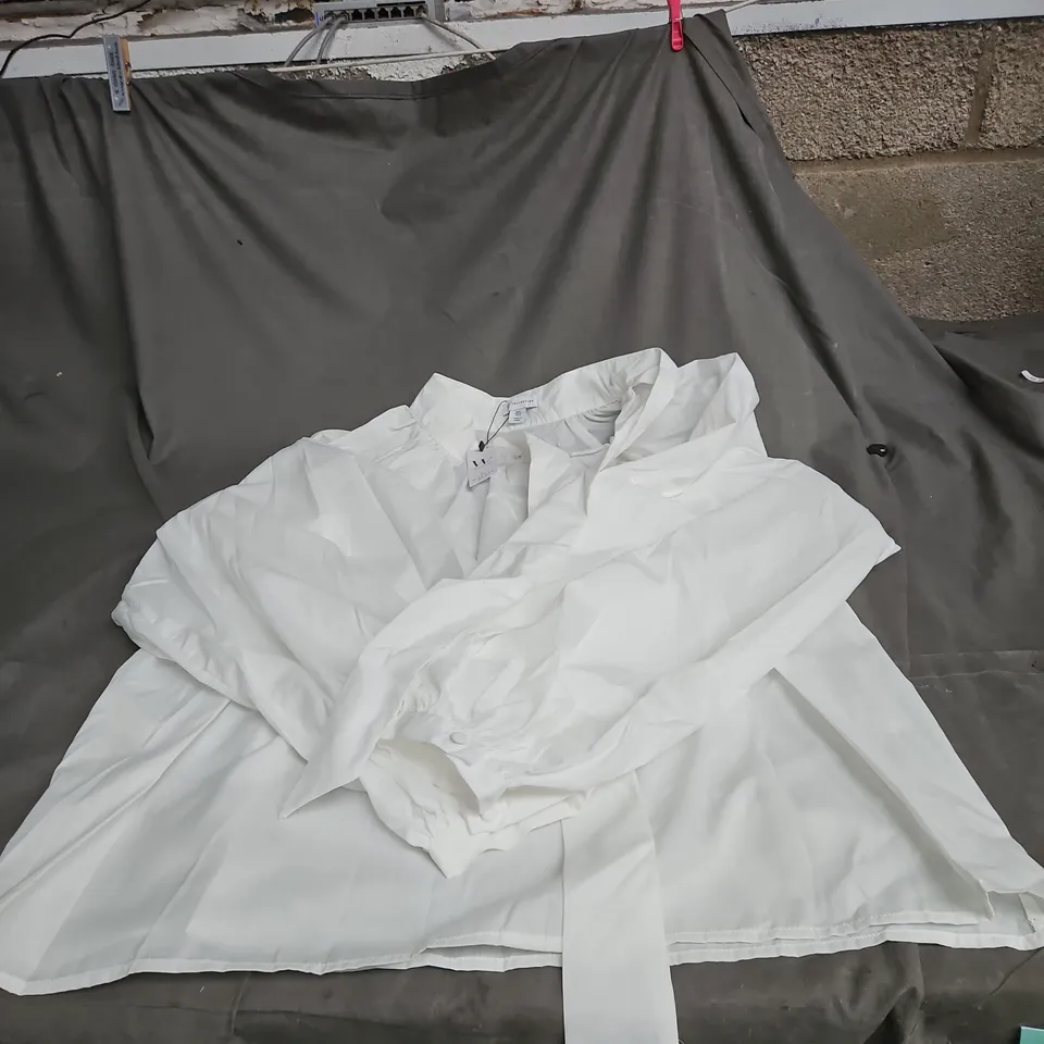 WALLIS W COLLECTION WHITE WOVEN TIE-NECK BALLOON-SLEEVE BLOUSE, UK 16