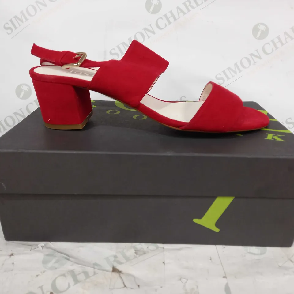 BOXED PAIR OF JONES LOW HEEL OPEN TOE SUEDE SANDALS IN RED UK SIZE 8