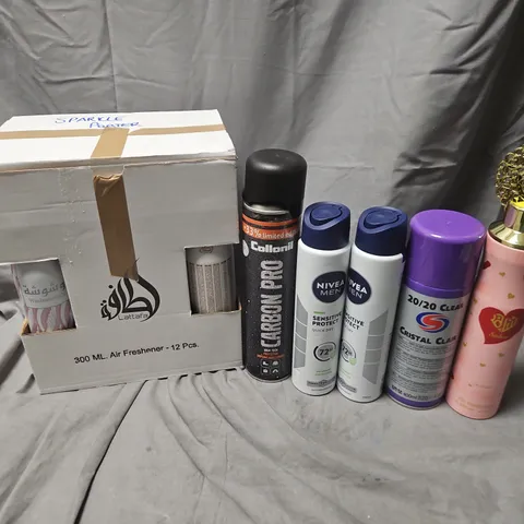 APPROXIMATELY 12 ASSORTED AEROSOLS TO INCLUDE LATTAFA AIR FRESHENER, NIVEA SENSITIVE PROTECT, 20/20 CRYSTAL CLAIR, ETC - COLLECTION ONLY