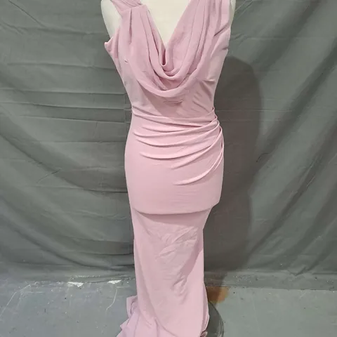 QUIZ ASSYMETRICAL PLEAT DETAIL CHIFFON NECK DRESS IN DUSKY PINK SIZE 6