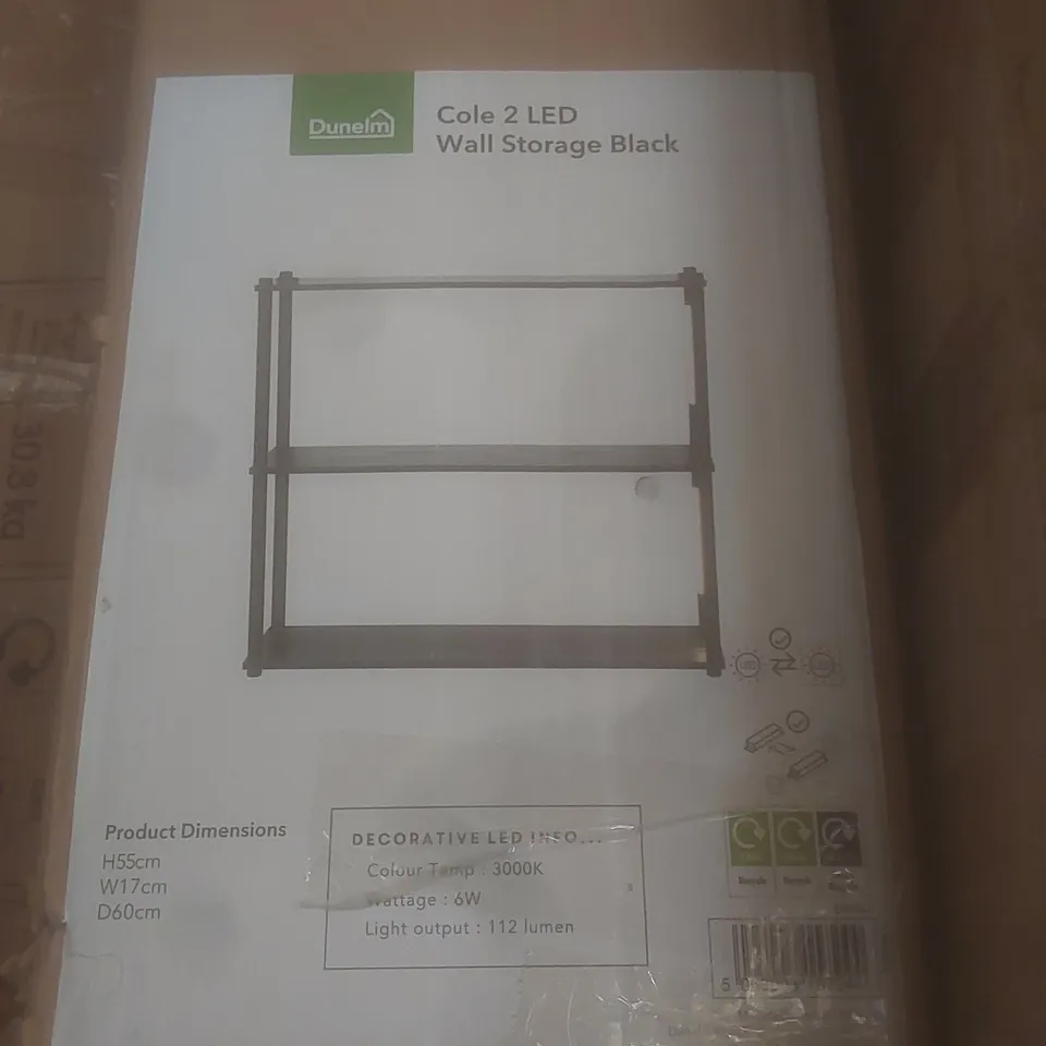 BOXED DUNELM COLE 2 LED WALL STORAGE, BLACK (1 BOX)