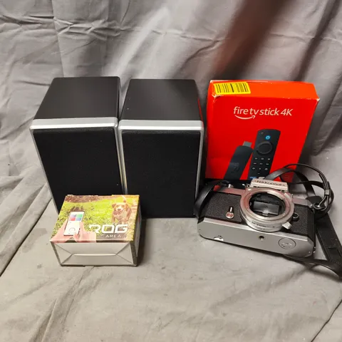 APPROXIMATELY 7 ASSORTED ITEMS TO INCLUDE AMAZON FIRE TV STICK, PC SPEAKER, NIKKORMAT CAMERA, ETC