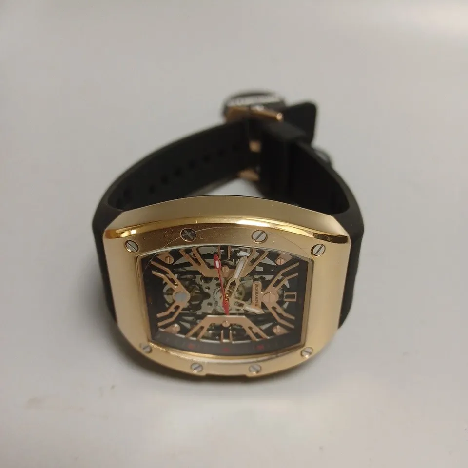 MENS AUTOMATIC DESCHAMPS & CO WATCH – SKELETON DIAL – GLASS EXHIBITION BACK CASE – RUBBER STRAP