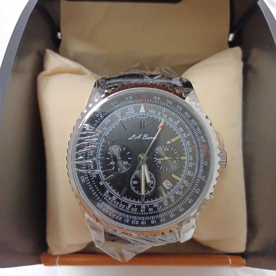 LA BANUS CHRONOGRAPH TRIPLE DIAL ROPE BEZEL LEATHER STRAP WRISTWATCH 