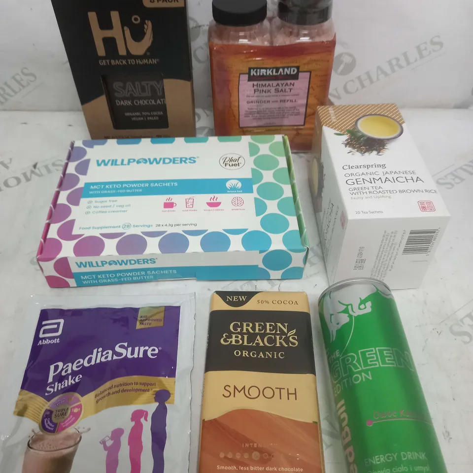 BOX OF APPROXIMATELY 10 ASSORTED COSMETIC ITEMS TO INCLUDE - HIMALAYAN SEA SALT, RED BULL GREEN, CHOCOLATE ETC