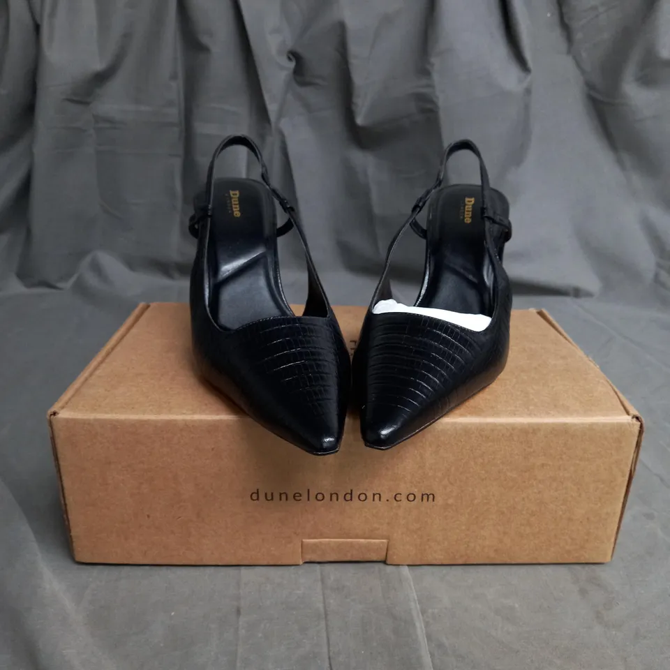 BOXED PAIR OF DUNNE LONDON BLACK PRINT FAUX LEATHER HIGH HEELS SIZE 5