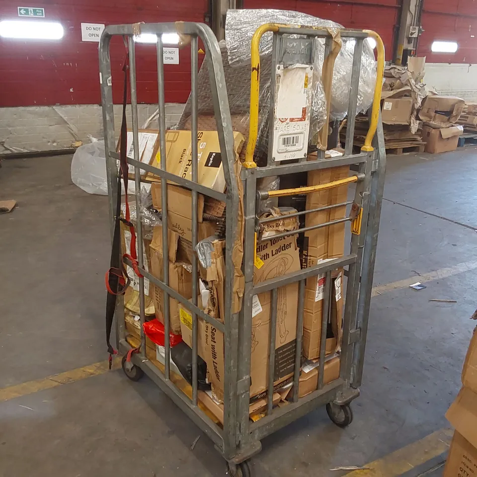 CAGE OF ASSORTED CONSUMER PRODUCTS INCLUDING: SHOE RACK, RATTAN FURNITURE PARTS, ARTIFICIAL CHRISTMAS TREE PARTS, FACE MASKS ECT // CAGE NOT INCLUDED 