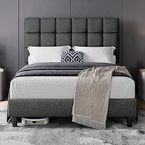 BOXED YAHEETECH 4FT6 DOUBLE BED FRAME UPHOLSTERED PLATFORM BED WITH ADJUSTABLE SQUARE TUFTED HEADBOARD/LINEN FABRIC/STURDY WOODEN SLAT SUPPORT/NO BOX SPRING NEEDED, DARK GREY