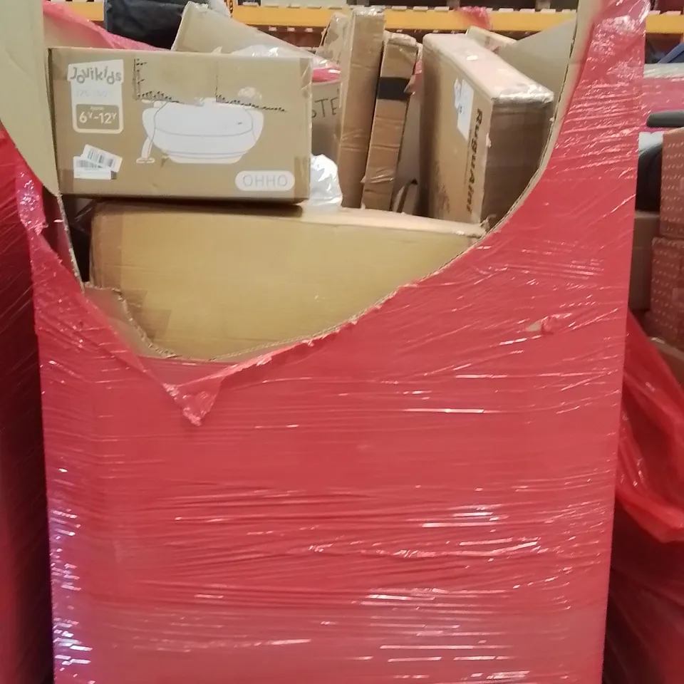 PALLET CONTAINING VARIOUS ASSORTED BOXED HOUSEHOLD ITEMS TO INCLUDE: AIR BED, BABY WALKER, CHILD'S CAR SEAT  AND LOTS MORE UNMARKED BOXED ITEMS 