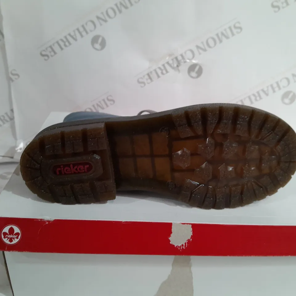 BOXED PAIR OF RIEKER LACE ANKLE BOOTS BLUE SIZE 6