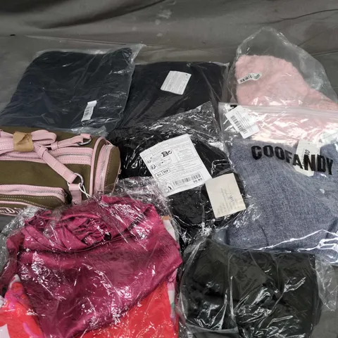 APPROXIMATELY 35 ASSORTED CLOTHING ITEMS IN VARIOUS SIZES, STYLES & COLOURS TO INCLUDE BAGS, DRESSES, TOPS, ETC - COLLECTION ONLY