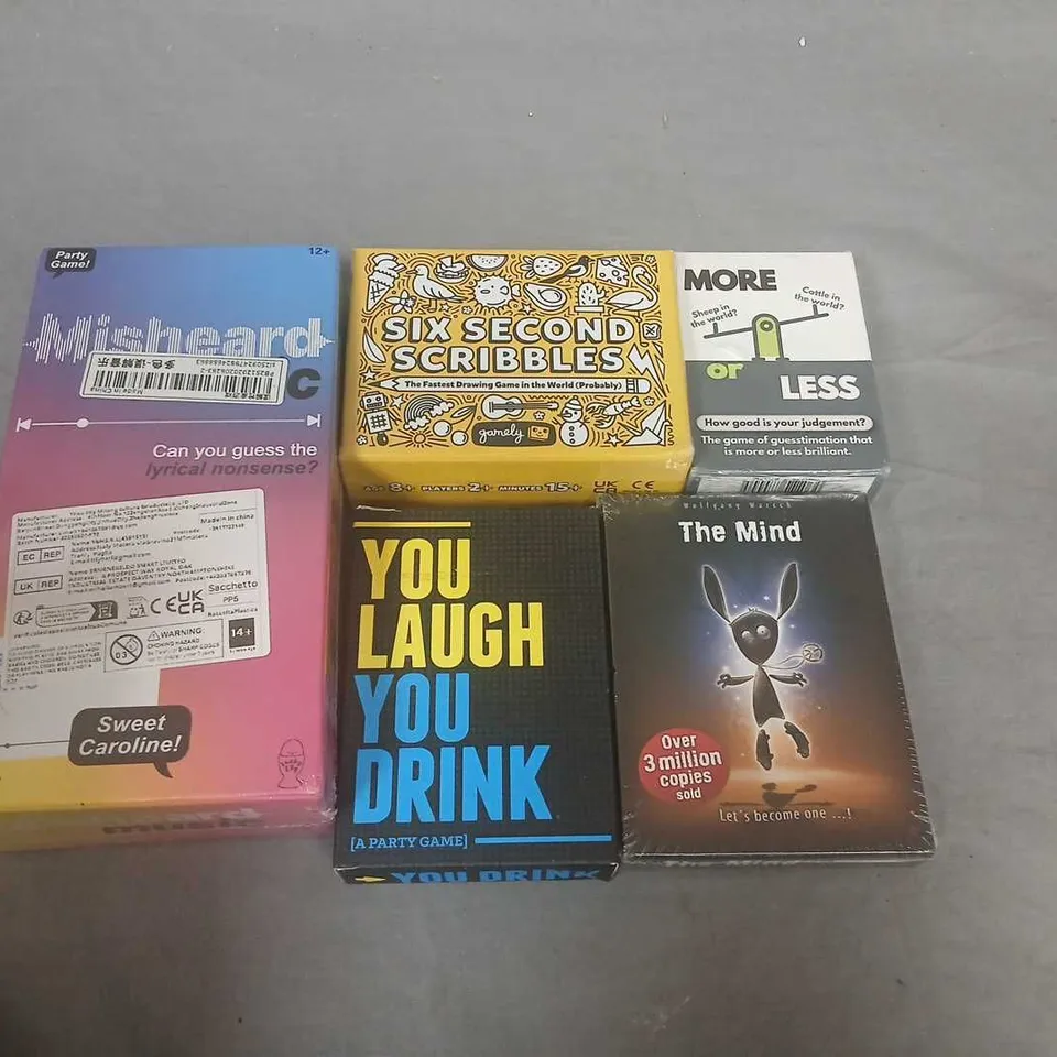 PARTY GAME BUNDLE: YOU LAUGH YOU DRINK; SIX SECOND SCRIBBLES; THE MIND; MORE OR LESS; AND AN MISHEARD LYRICS