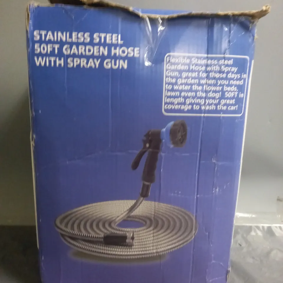 STAINLESS STEEL 50FT GARDEN HOSE WITH SPRAY GUN