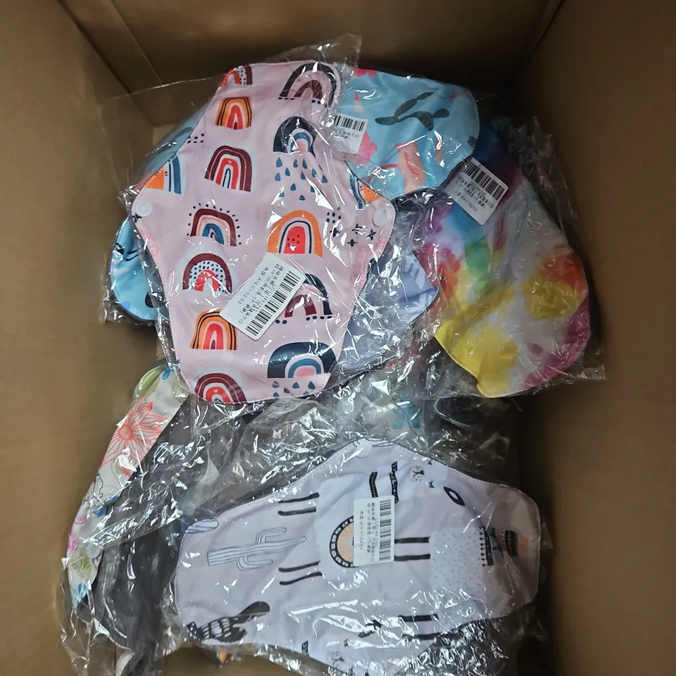 BOX OF APPROX 20 REUSABLE SANITARY PADS IN ASSORTED DESIGNS