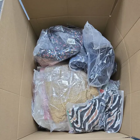 BOX OF APPROXIMATELY 30 ASSORTED CLOTHING ITEMS IN VARIOUS STYLES , COLOURS AND SIZES