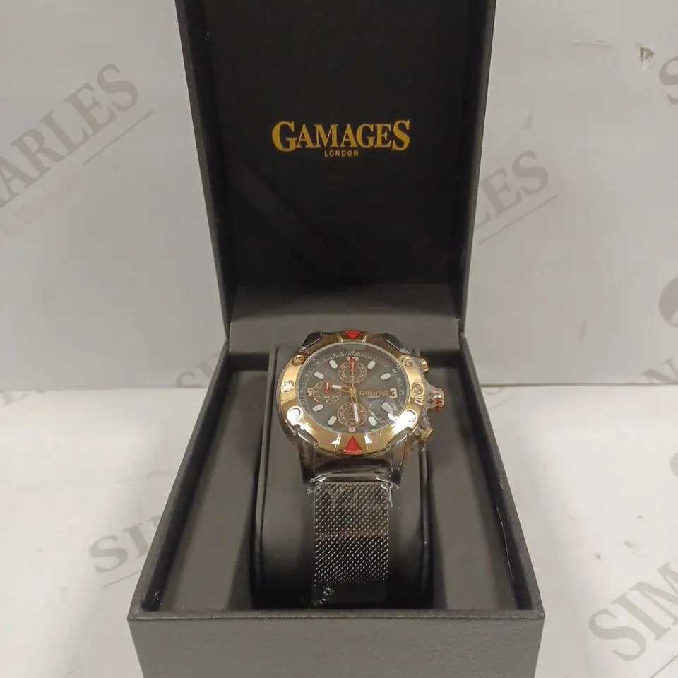GAMAGES OF LONDON LIMITED EDITION HAND ASSEMBLED MECHANICAL QUARTZ INDUSTRIAL BLACK WATCH RRP £825