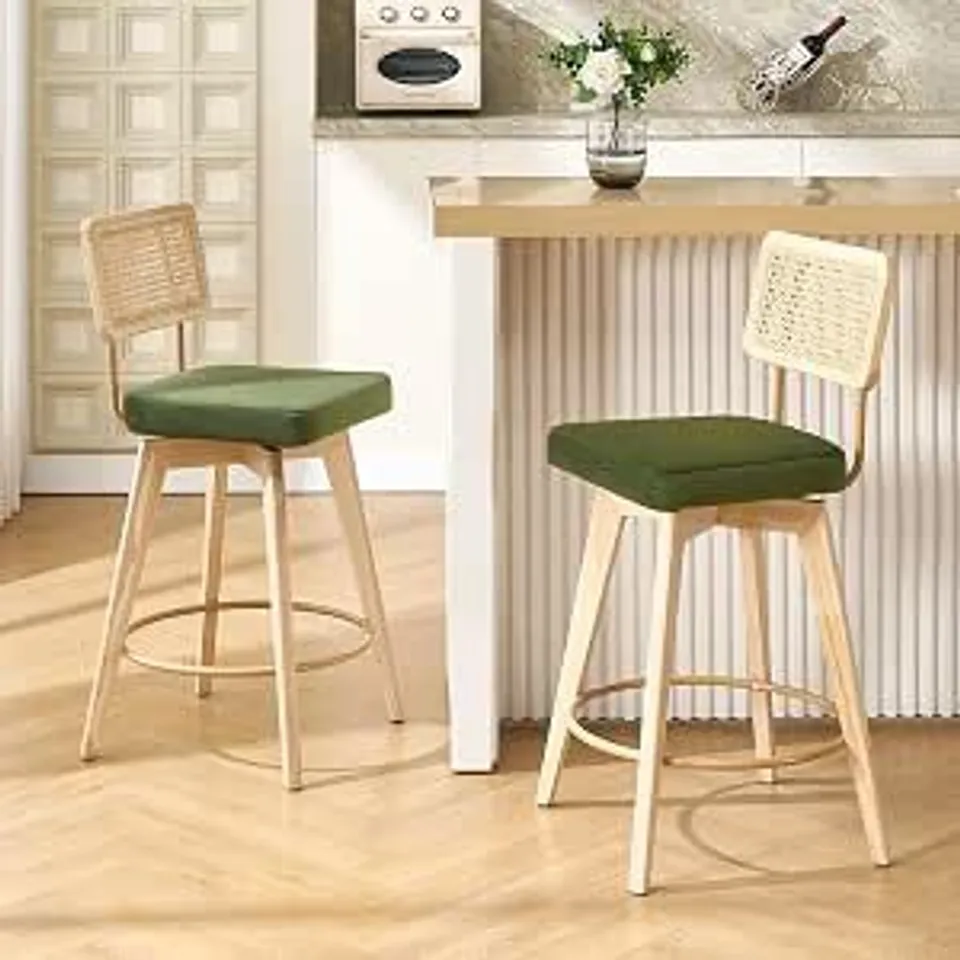 BOXED ZESTHOUSE WOODEN BREAKFAST BAR STOOLS SET OF 2 WITH RATTAN BACK - CREAM