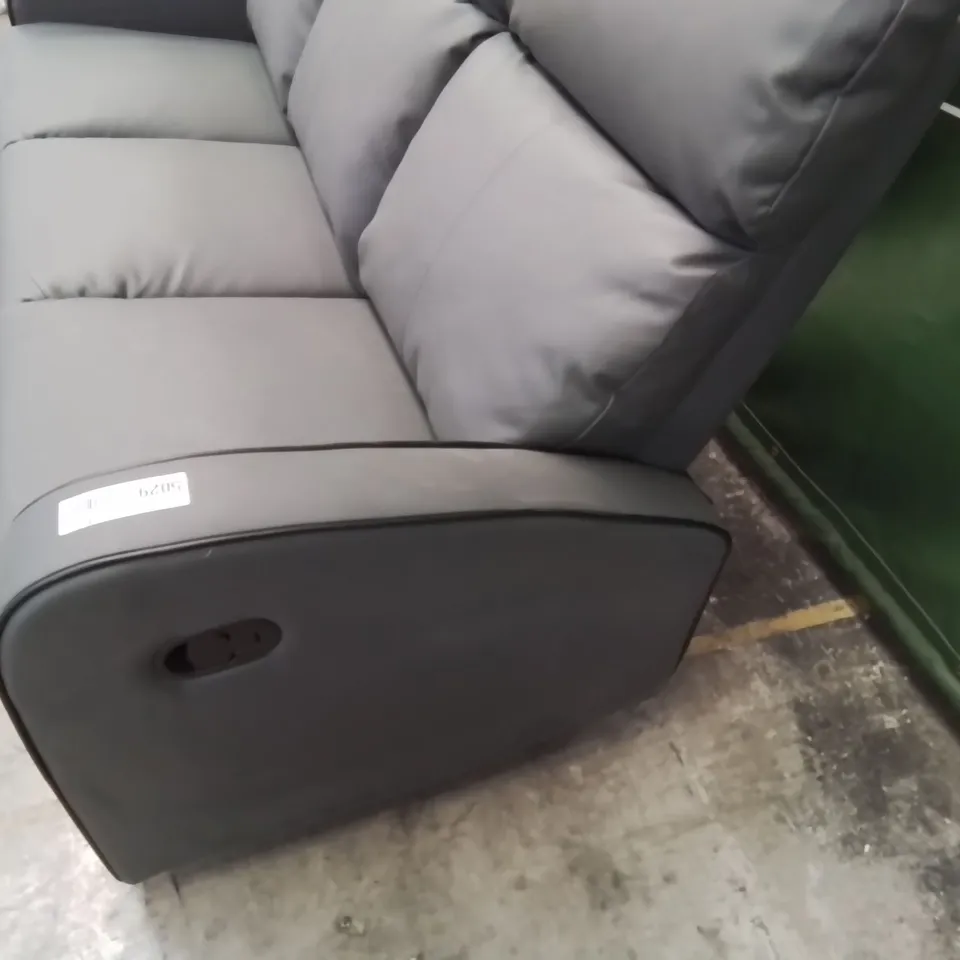 DESIGNER THREE SEATER MANUAL RECLINING SOFA GREY FAUX LEATHER WITH BLACK PIPING