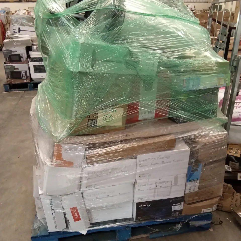 PALLET OF ASSORTED HOUSEHOLD GOODS AND PRODUCTS TO INCLUDE; A LARGE QUANTITY OF TONER CARTRIDGES, HEATERS, PEDESTAL FAN, KITCHEN BIN, CHRISTMAS TREE ETC