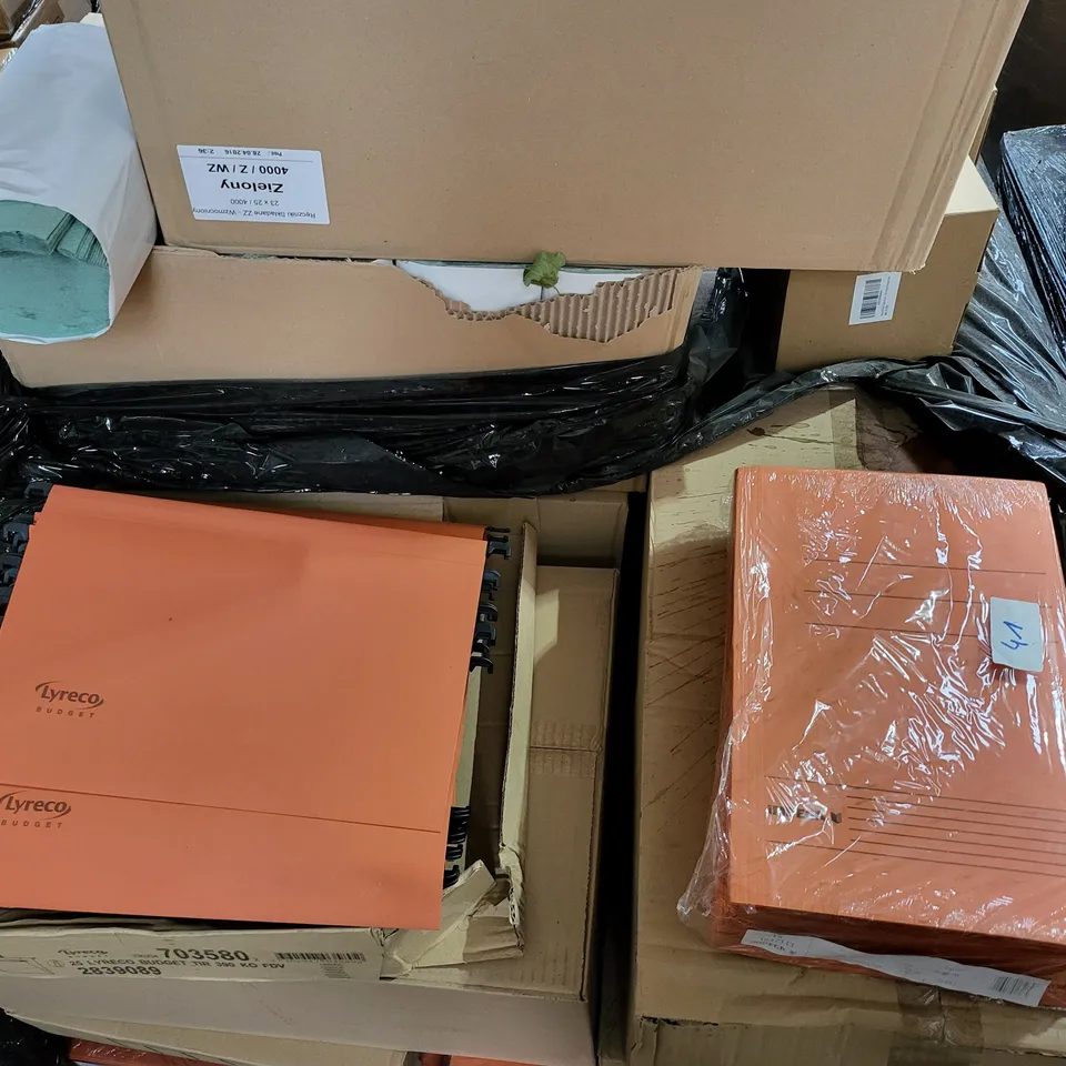 PALLET OF A SIGNIFICANT QUANTITY OF OFFICE TYPE PRODUCTS TO INCLUDE LYRECO BUDGET ORGANISER DIVIDERS, IMPEGA PAPER FOLDERS AND BOX OF 23X25 PAPER TOWELS 