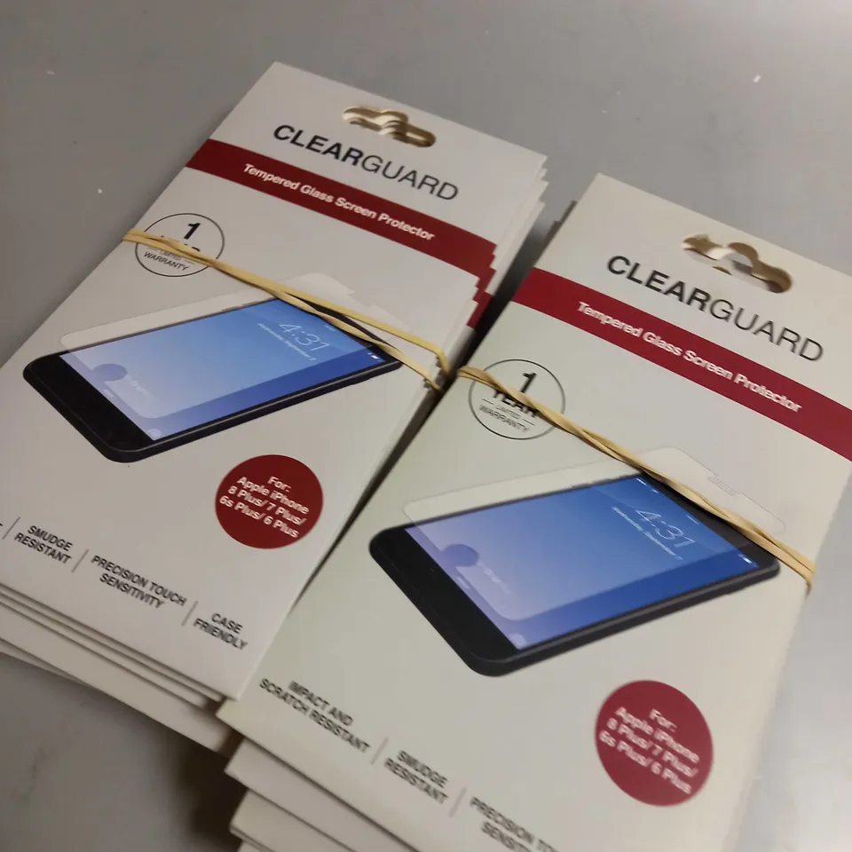 BOX OF APPROXIMATELY 300 BRAND NEW CLEARGUARD TEMPERED GLASS SCREEN PROTECTORS FOR APPLE IPHONE 8 PLUS, 7PLUS, 6S PLUS, 6 PLUS