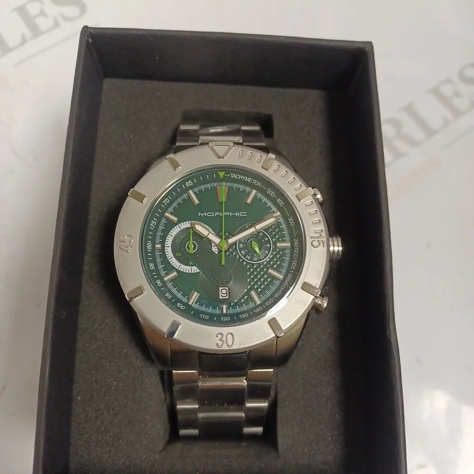 BOXED MORPHIC STAINLESS STEEL SILVER & GREEN WATCH 