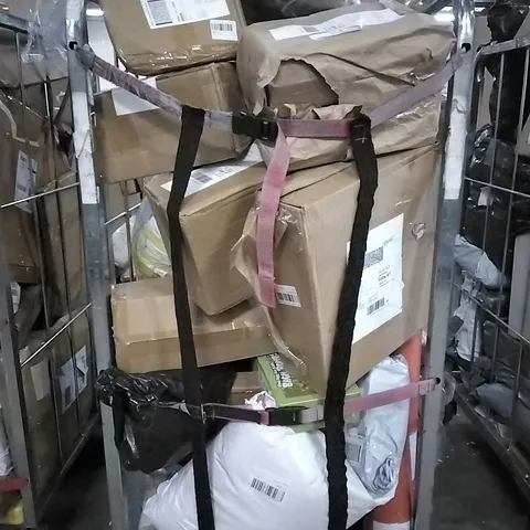 CAGE OF ASSORTED HOUSEHOLD ITEMS TO INCLUDE DARPHE 3 TAB ASPHALT SHINGLES, DINO EGG FOR KIDS BATH BOMBS AND BREEINS CAST IRON ROUND PAN