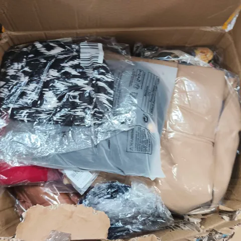 LARGE BOX OF ASSORTED CLOTHING ITEMS IN VARIOUS STYLES , COLORS AND SIZES