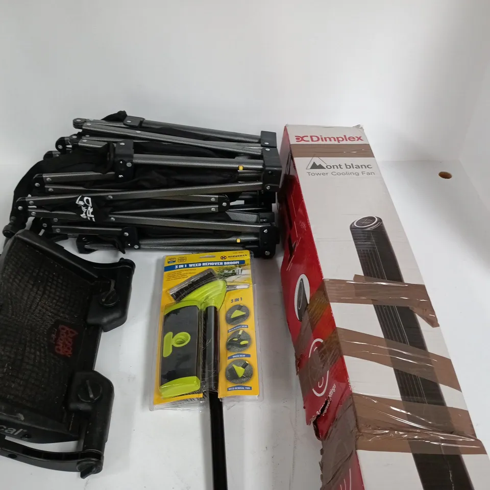 LOT OF APPROXIMATELY 15 ASSORTED HOUSEHOLD ITEMS TO INCLUDE TOWER COOLING FAN, BAMBOO RODS AND BUGGY BOARD