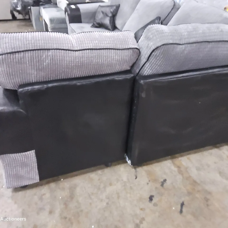 DESIGNER CORNER SOFA BLACK FAUX LEATHER & GREY JUMBO CHORD