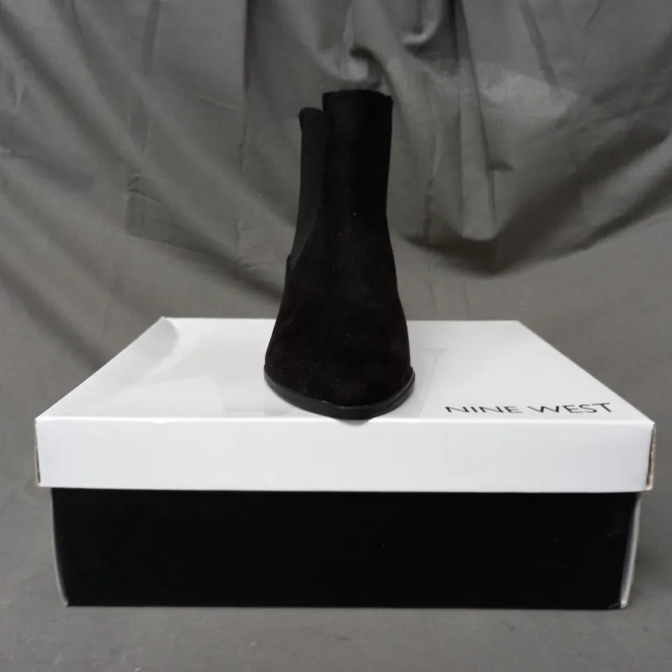 BOXED PAIR OF NINE WEST TAYE SUEDETTE ANKLE BOOTS IN BLACK EU SIZE 35