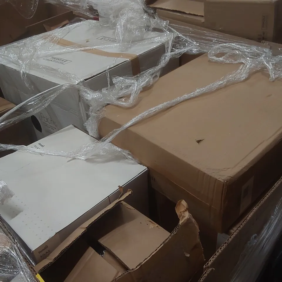 PALLET TO CONTAIN A VERY LARGE QUANTITY OF DESIGNER INDOOR LIGHTING PRODUCTS TO INCLUDE: CEILING LIGHTS, TABLE LAMPS, BALL OUTDOOR FLOOR LAMP ECT