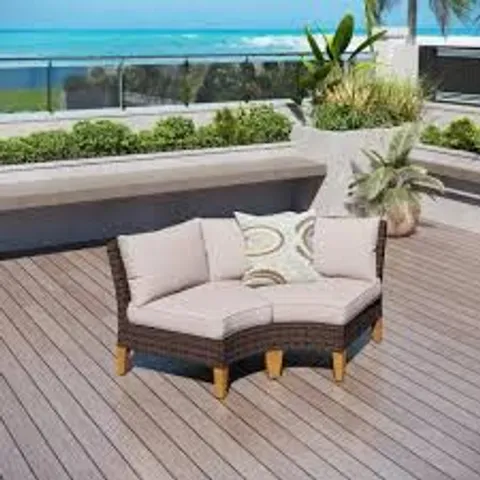 BOXED RATTAN WICKER OUTDOOR PATIO FAN-SHAPED LOUNGE CHAIRS WITH BEIGE CUSHIONS (SET OF 2)  - DARK BROWN (1 BOX) 