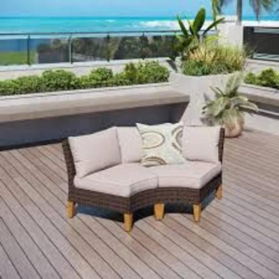 BOXED RATTAN WICKER OUTDOOR PATIO FAN-SHAPED LOUNGE CHAIRS WITH BEIGE CUSHIONS (SET OF 2) - DARK BROWN (1 BOX)
