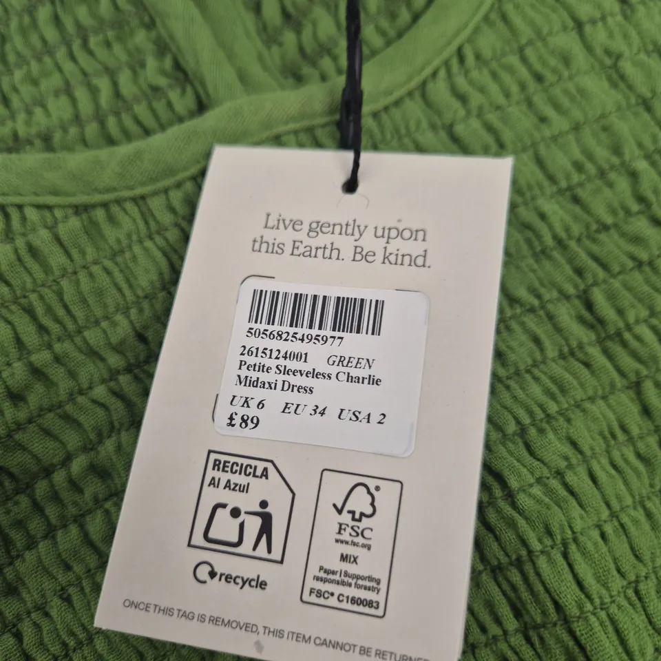NOBODY'S CHILD PETITE SLEEVELESS CHARLIE MIDAXI DRESS – GREEN, UK 6