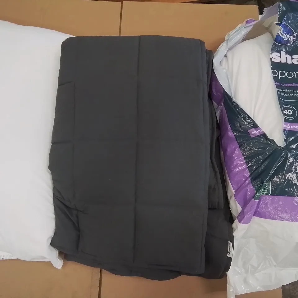 TWO LARGE BOXES OF ASSORTED PILLOWS AND WEIGHTED BLANKETS